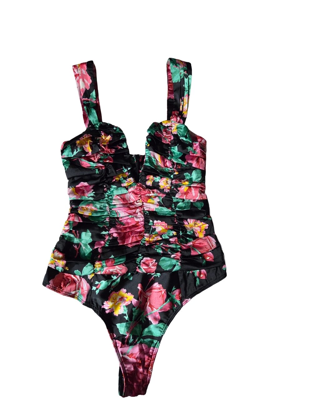 For Love & Lemons Jolie Floral Ruched V-Neck Bodysuit Black Pink Size XS